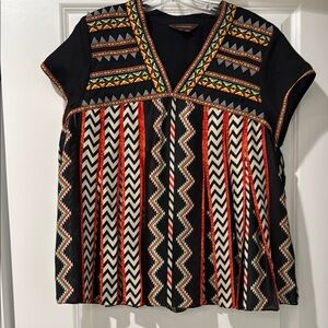 Anthropologie x Rana Gil Mixed Media Patterned Black Top. Size 12 NWOT